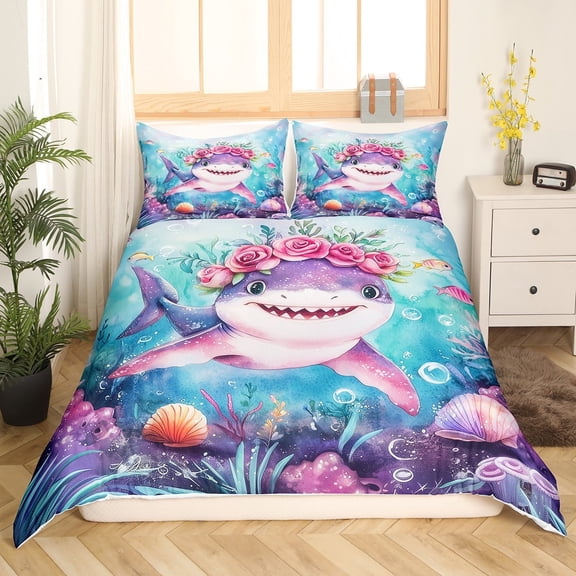 Erosebridal Sea Shark Comforter Cover Twin,Sea Animal Bedding Twin Size,Teenager Bedroom Decor,3Pcs