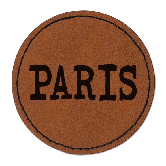 Paris Fun Text 2.5" Faux Leather Round Engraved Iron-On Patch - Brown