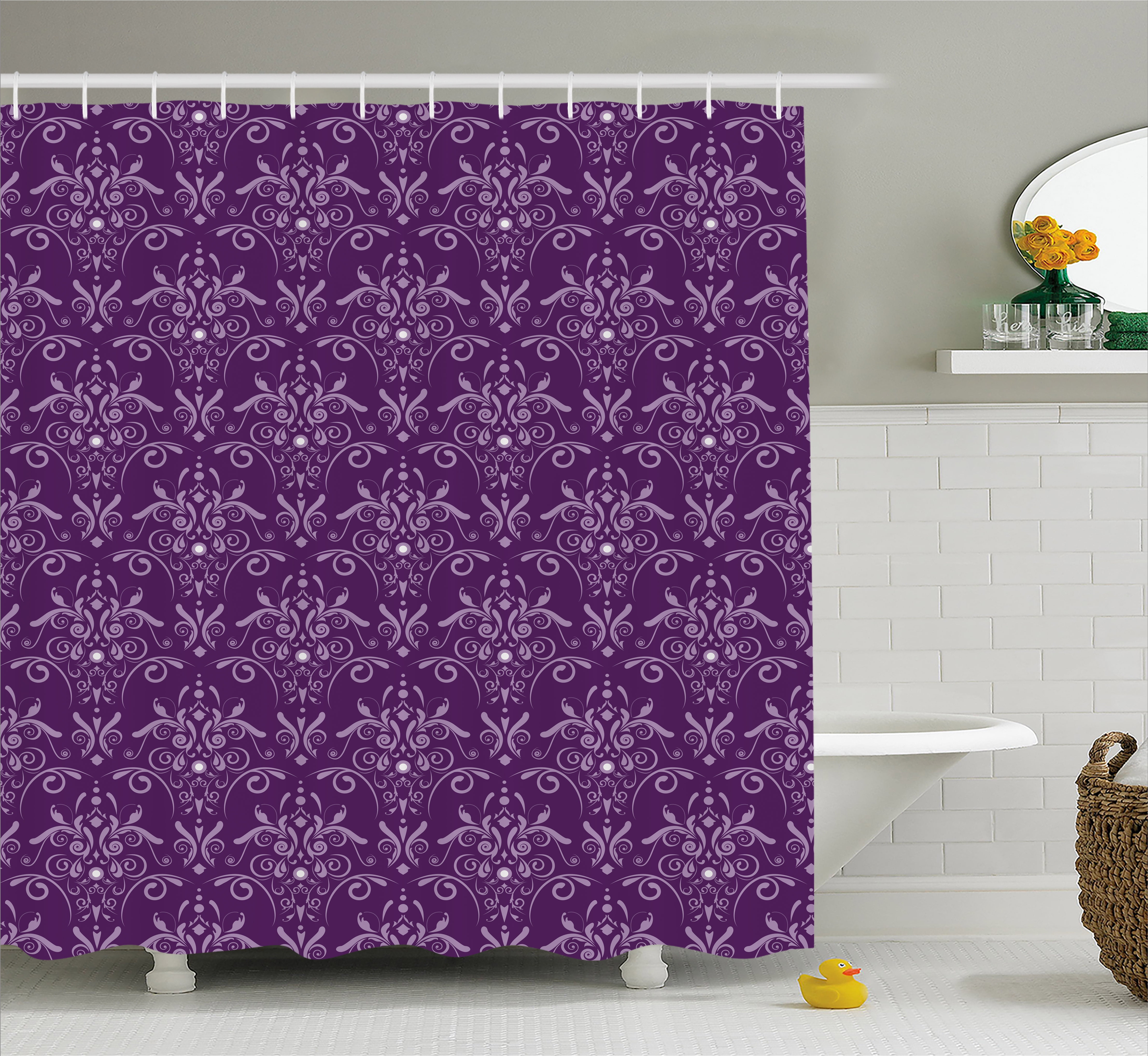Eggplant Shower Curtain, Damask Pattern with Symmetrical Abstract Leaves and Swirls Forming