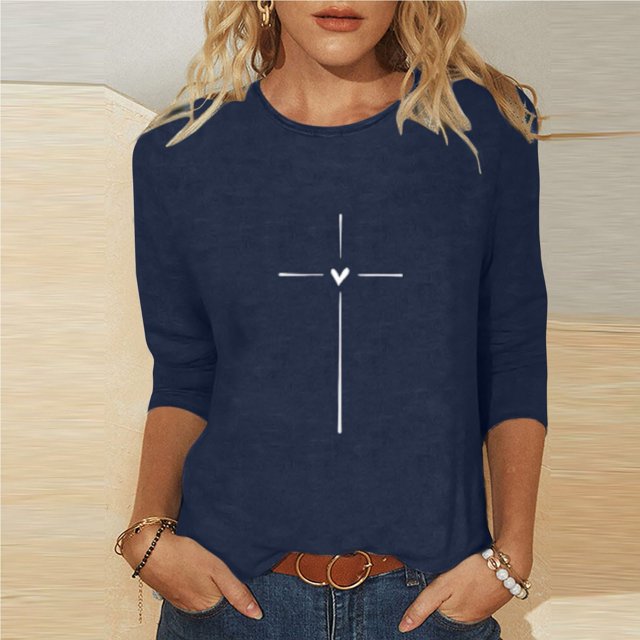 Jsaierl T-Shirts Foi Religieuse Chrétienne pour Femmes Manches 3/4 Col Rond Hauts Décontractés Tendance Blouses Imprimé Graphique Mignon