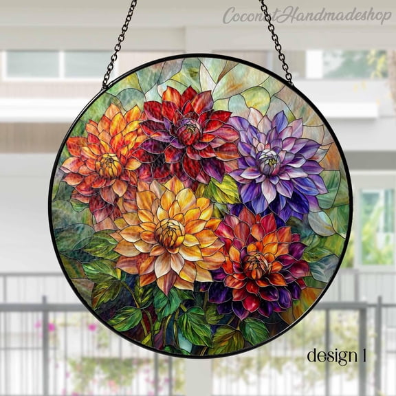 Dahlia Flowers Glass Suncatcher, Dahlia Window Hangings, Flower Colorful Home Decor, Dahlia Flower Lover Gift, Birthday Gift for Mom Grandma 1903890305