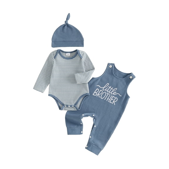 Loicainy Infant Baby Boy Outfit 3 6 12 18 Months Crew Neck Long Sleeve Striped Romper Overalls Knotted Hat Clothes Set