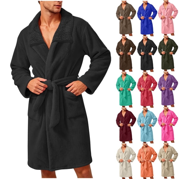 Hrsba Fleece Robe for Men,Solid Color Double Fleece Turn Down Collar Open Front Sleep Robe With Belt Wearable Outdoor Fall Bathrobe