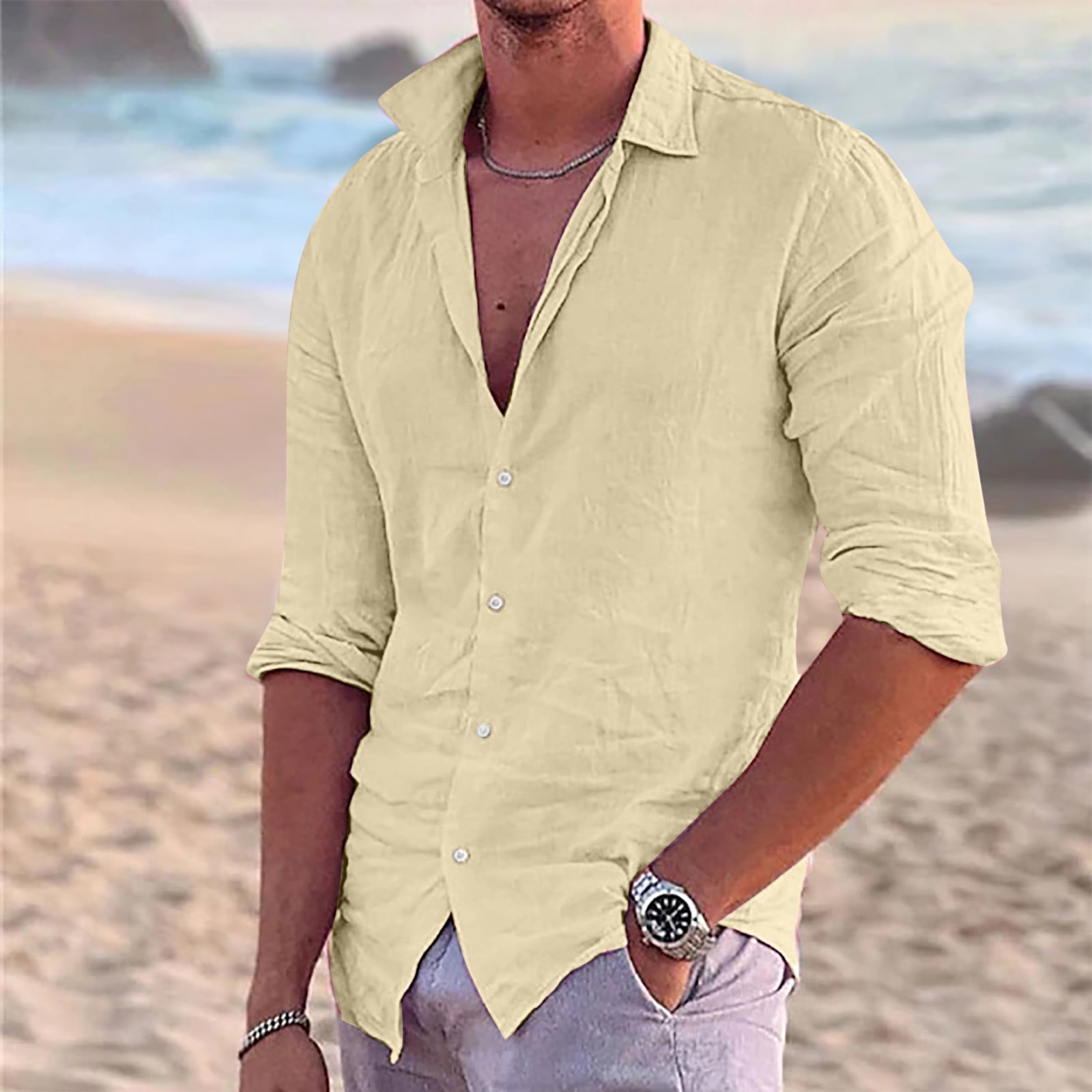 JNGSA Men's Casual Button-Down Cotton Linen Shirts Long Sleeve Band Collar Beach  Shirt Top Solid Color Comfy Blouse Yellow XXL 