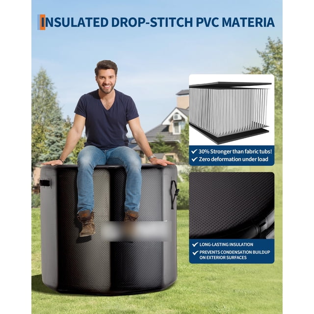 EDTara Baignoire de Récupération Portable pour Glace, Plongeon Froid Gonflable de 186 Gallons avec Couvercle Isolé, Compatible avec Refroidisseur d'Eau pour Athlètes, Noire, Intérieur Ou Extérieur