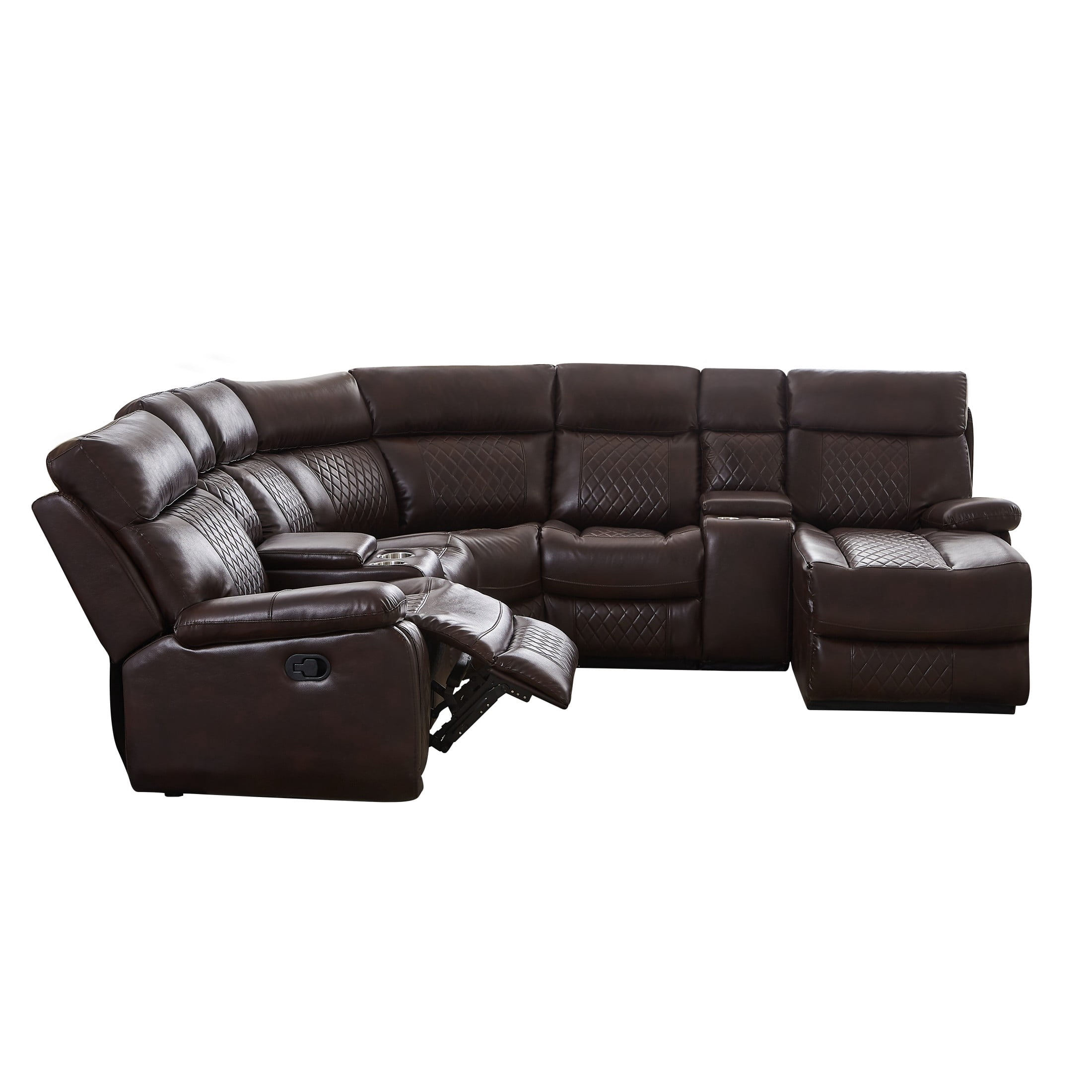 Gewnee 100” Sectional Manual Recliner Living Room Set, 5-Seat with 1 Recliner, 2 Armless Chairs, 1 Wedge, 1 Chaise, Console Storage, Brown PU Upholstery