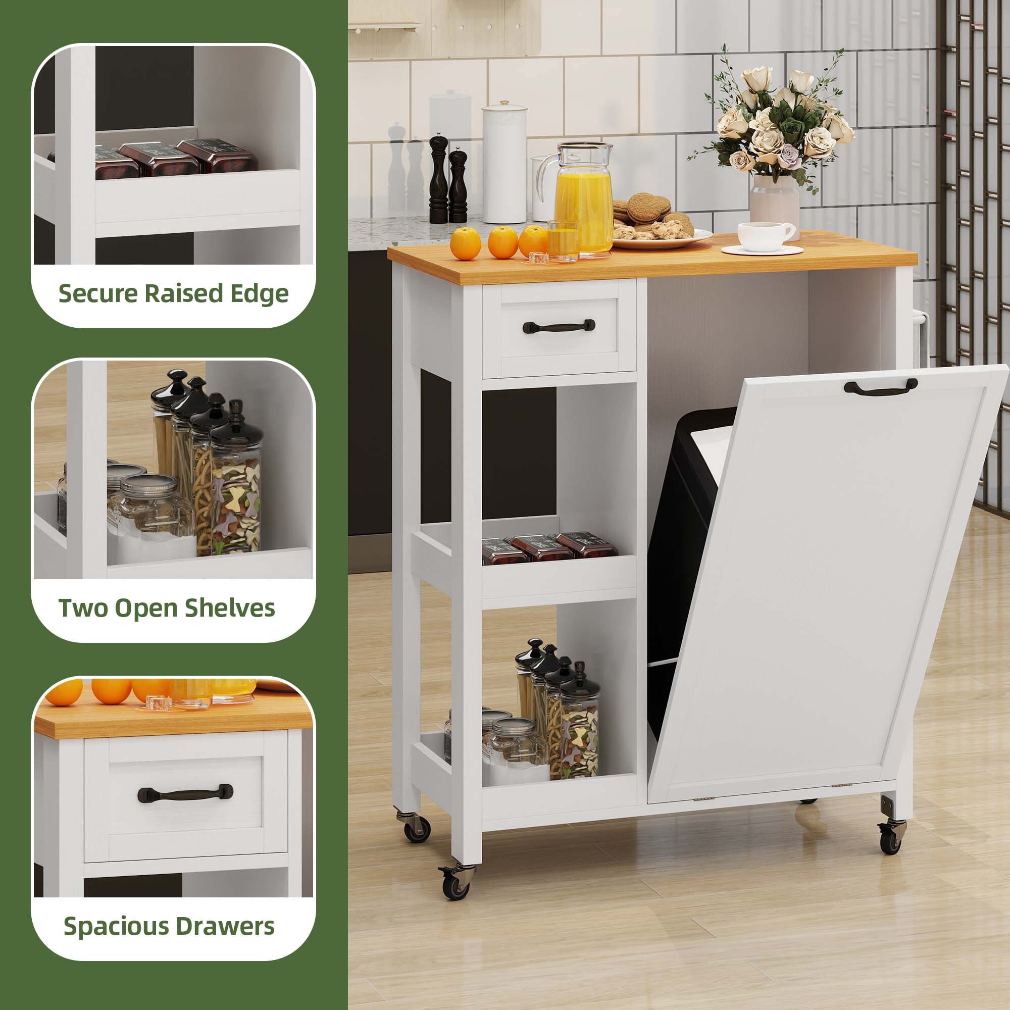 Uforic Kitchen Storage Cart with 13-gal Trash Storage Cabinet, Kitchen Island with Shelves & Drawer, White