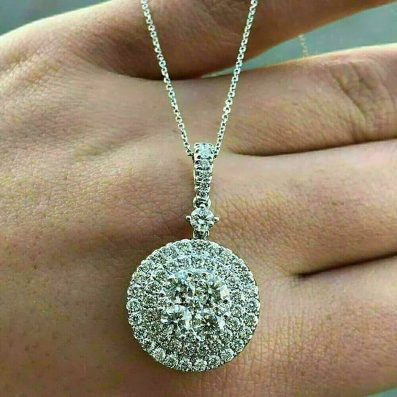 2Ct Round Cut VVS1 Diamond Cluster Pendant 14K White Gold Finish Free Chain