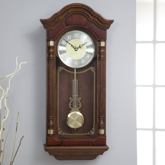 Seiko Stately Dark Brown Solid Oak Case Wall Clock with Pendulum and Chime 28" x 12.5" x 6", QXH004BLH