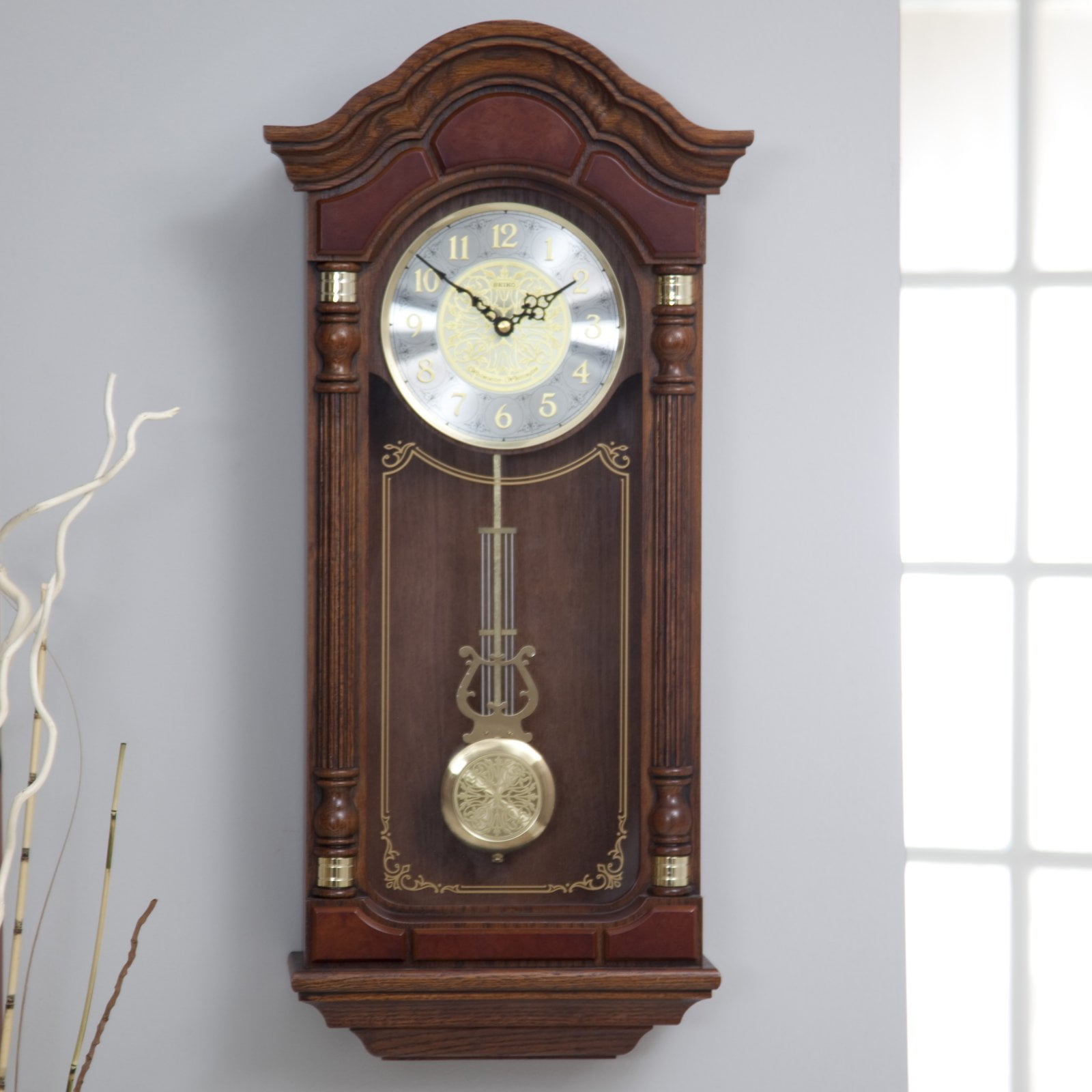 Seiko Stately Dark Brown Solid Oak Case Wall Clock with Pendulum and Chime 28 x 12 . 5 x 6 , QXH