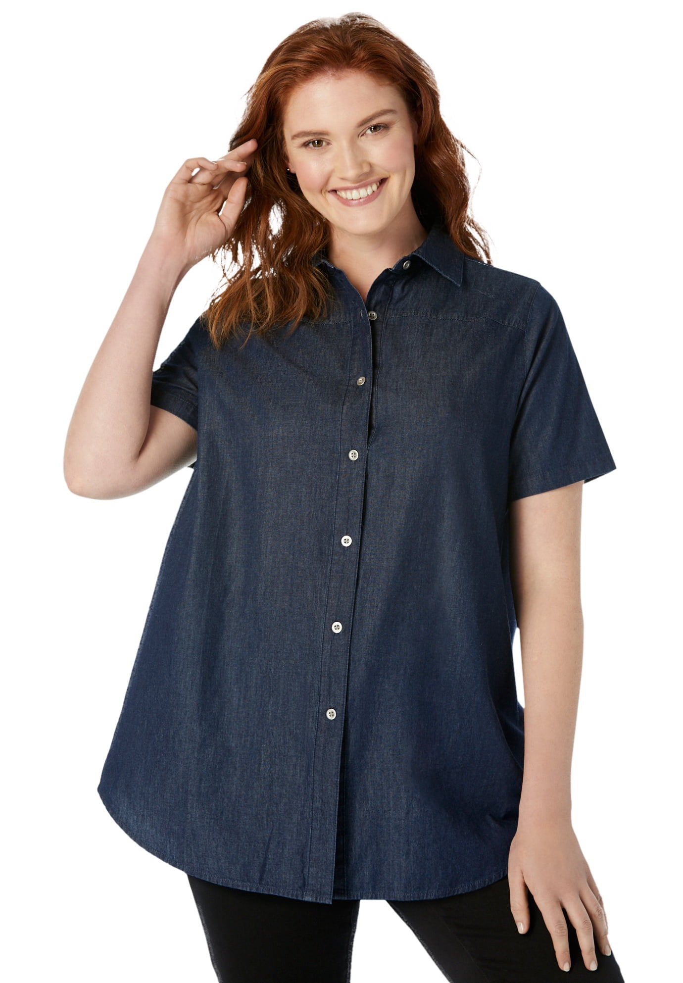 Woman Within Women's Plus Size Short-Sleeve Denim Shirt - Walmart.com
