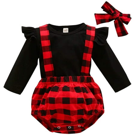 

Infant Baby Girl Christmas Outfits Ruffle Long Sleeve Romper + Plaid Suspender Pants+Headband Set Clothes (Black 6-12Months)