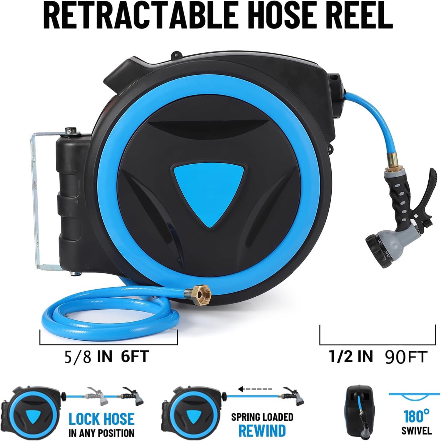 Roromall Retractable Garden Hose Reel, 5/8 inch x 65 ft 82 ft 90 ft Effortless Free Lock, Auto Rewind System, 9-Pattern Spray Nozzle