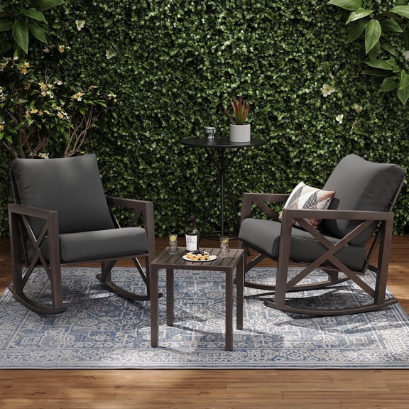 UDPATIO 3-Piece Metal Patio Rocking Chair Set, Heavy Duty 350 lbs Capacity Outdoor Bistro Furniture Set with 2 Rockers, Thick Cushions and Coffee Table for Porch, Rust-Resistant, Grey
