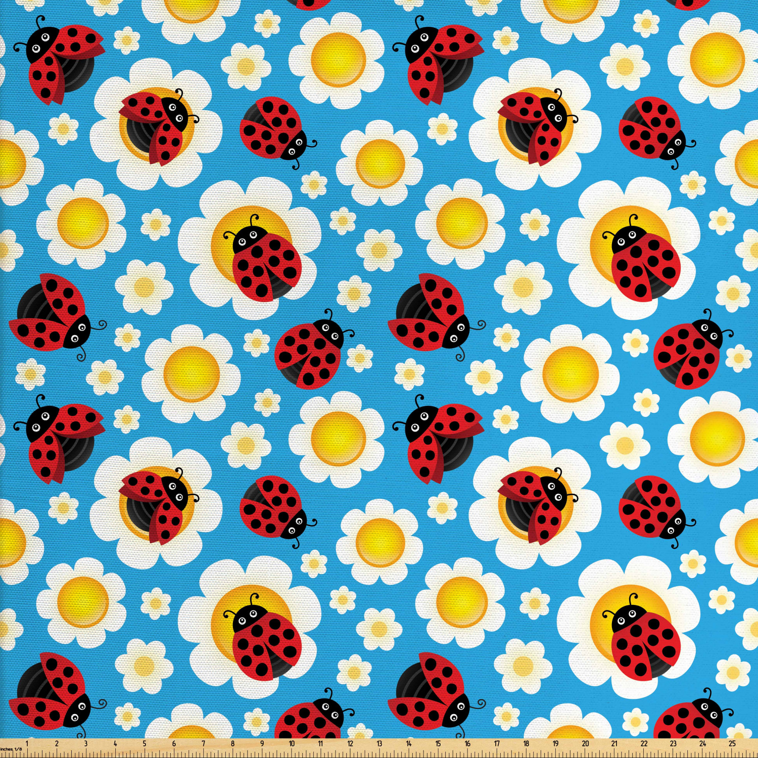 Ladybugs Fabric by The Yard, Abstract Daisies with Dotted Bugs Insects