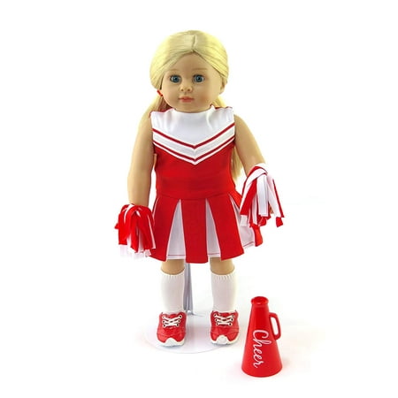 Red Cheerleader Outfit Cheerleading Uniform with Dress, Bloomers, Poms, Megaphone, Socks, and Shoes | 18 Inch Doll Clothes