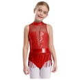 thumbnail image 1 of inlzdz Filles Enfants Justaucorps de Danse Moderne Latine Jazz Cha-Cha à Paillettes Patchwork à Franges Sans Manches Justaucorps à Franges Performance Rouge 6, 1 of 6