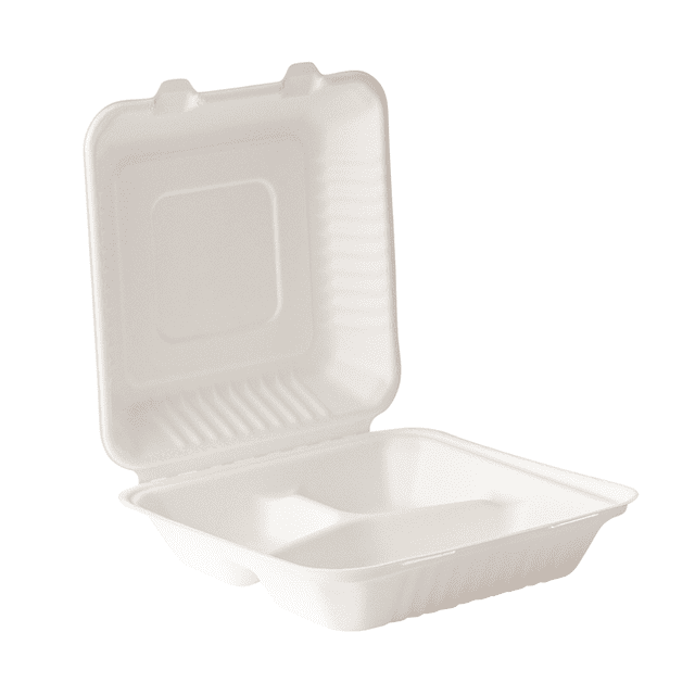 Contenedor Almeja KANOGO GREEN 3 Divisiones 9x9 cm Biodegradable 100 Pzs blanco