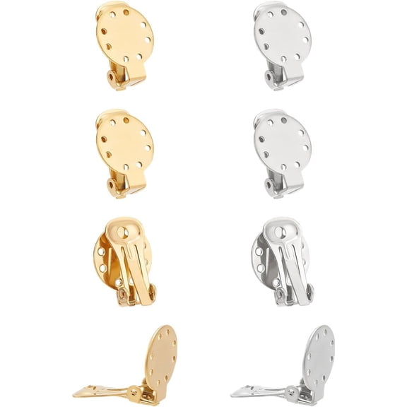 8Pcs 2 Colors Clip on Earrings Findings Flat Round Earring Stainless Steel Earring Converters Non-Piercing Earrings Metal Clip