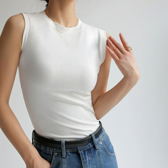 Munlar White Muscle Tops for Women Summer Crew Neck Sleeveless Solid Color Basic Shirts