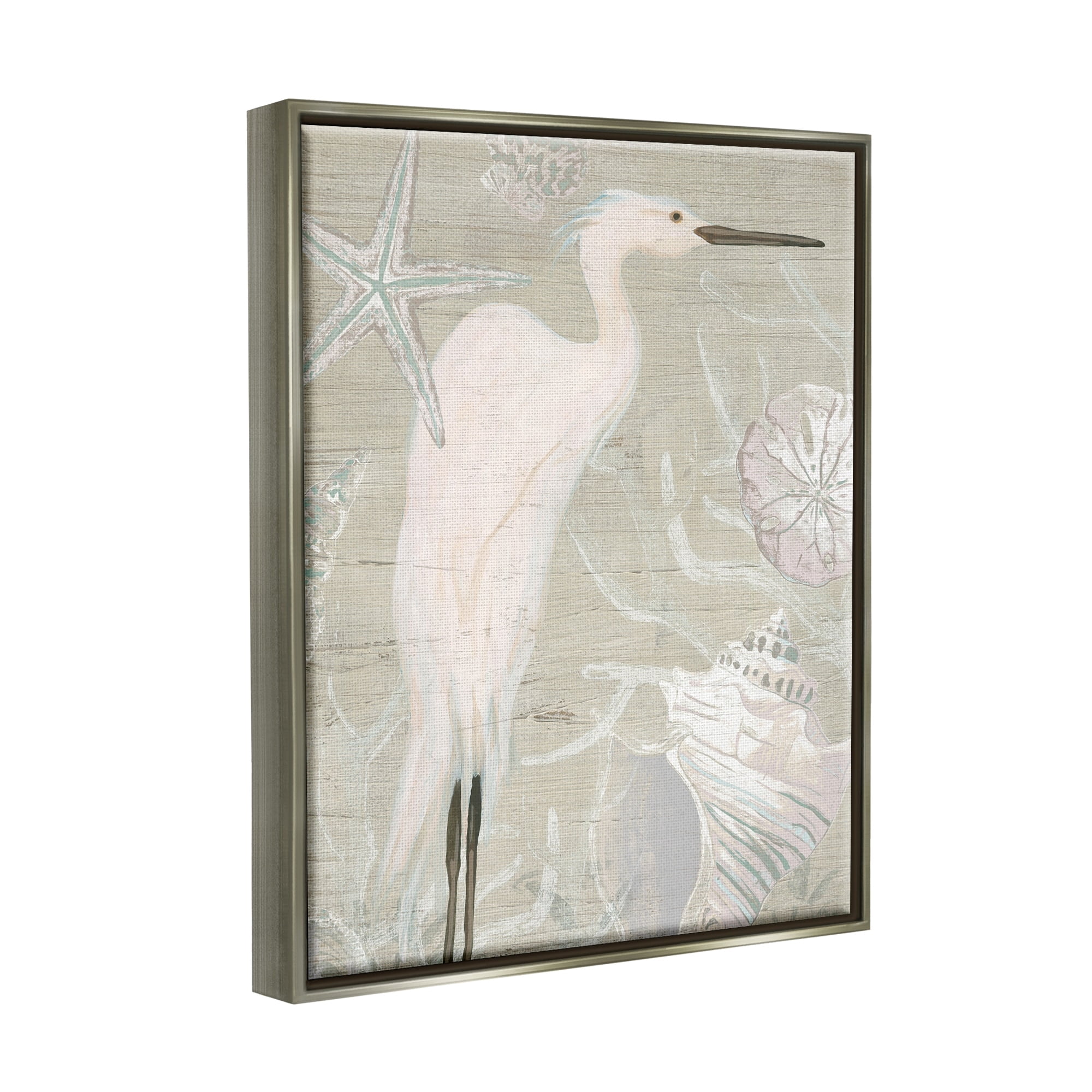 Stupell Industries White Egret Seashells Starfish Rustic Grain Pattern Graphic Art Luster Gray Floating Framed Canvas Print Wall Art, Design by June Erica Vess