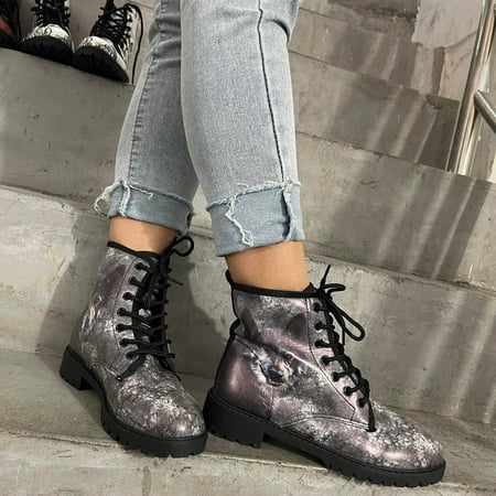 

Herrnalise Women Boots Retro Flat Bottom Shoes Floral Print Boots Plus Size Lace Up Boots Women Boots Clearance