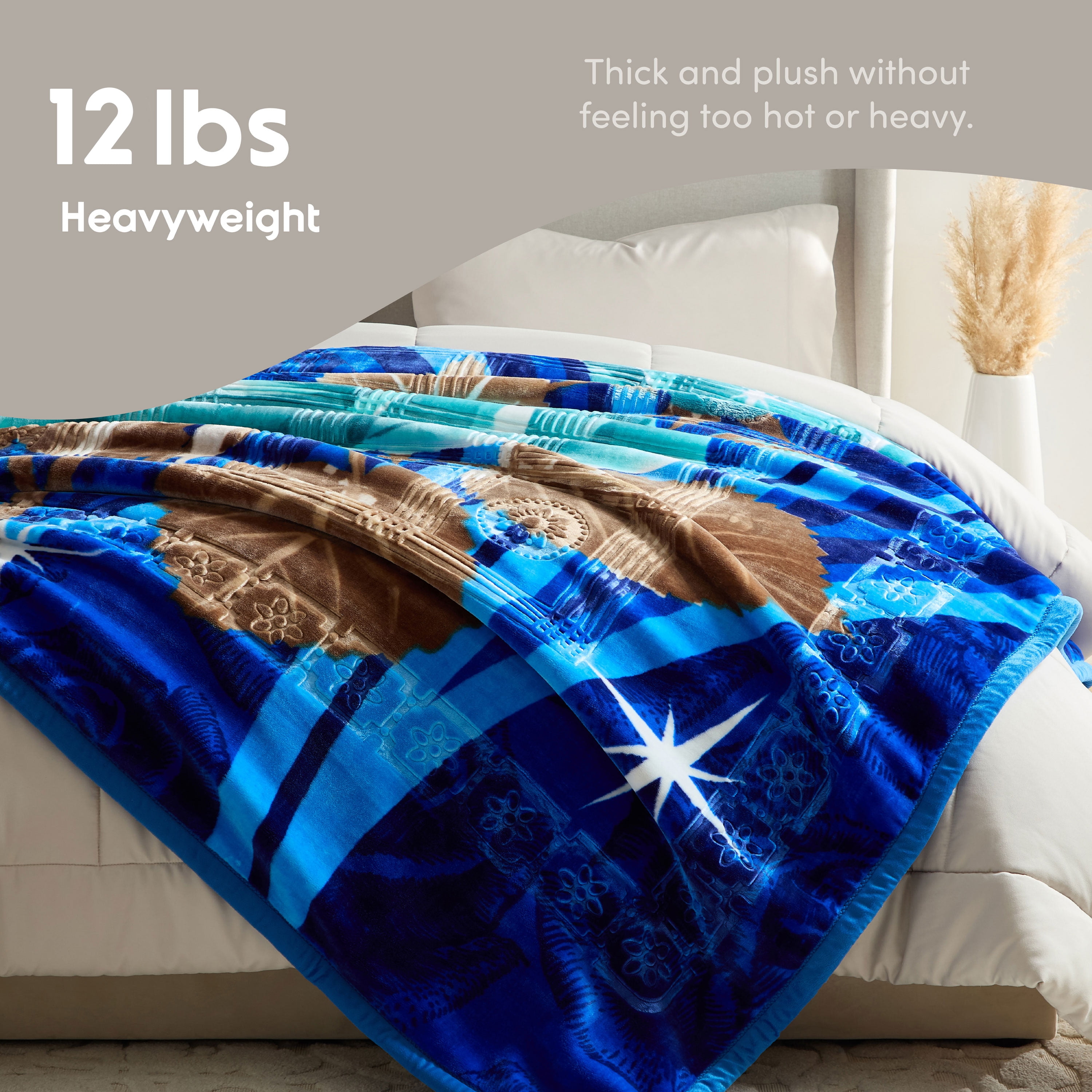 Lammaloe King Size Korean Mink Blanket for Winter, 12 lbs, 87" x 94", Heavy 2-Ply Warm Heavyweight Raschel Bed Blankets, Reversible Printed, Blue