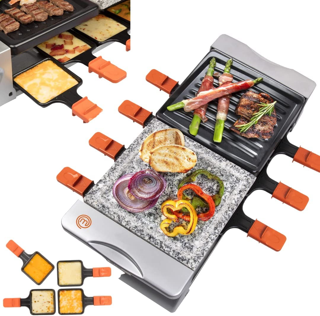 MasterChef Dual Cheese Table Grill w Plate and Cooking Stone- Deluxe 8 Person Electric Tabletop Cooker- Melt Cheese and Grill Meat and Vegetables at Once- 19" 8" x