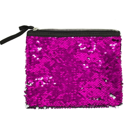- Womens Girls Flip Sequin Makeup Bag Reversible Mermaid Sequin Two Tone Sequin Cosmetic Case Multi-use Pouch (Fuchsia+Silver)