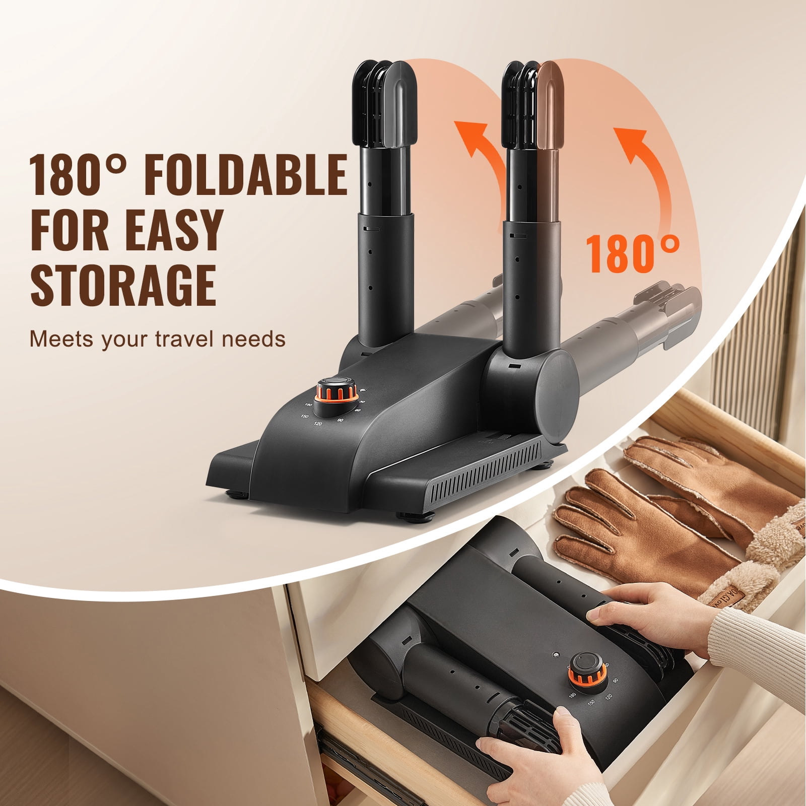 KFFKFF 180° Folding Dual-Tube Footwear Dryer, Compact Design with Timing Function, Equipped with Heating Blower & PP(V0 Flame Retardant) Material, Leather & Canvas Footwear, Socks - Black & Orange