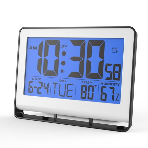 Digital Wall Mounted Clock with Indoor Temperature and Humidity, Desk Alarm Clock with Date and Blue Backlight for Bedroom, Large LCD Display with Easy to Read