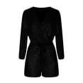 thumbnail image 5 of Lenpel Women's Sequin Rompers Sparkly Wrap V Neck Belted Lantern Long Sleeve Short Jumpsuits Party Club Dance Outfits, 5 of 6