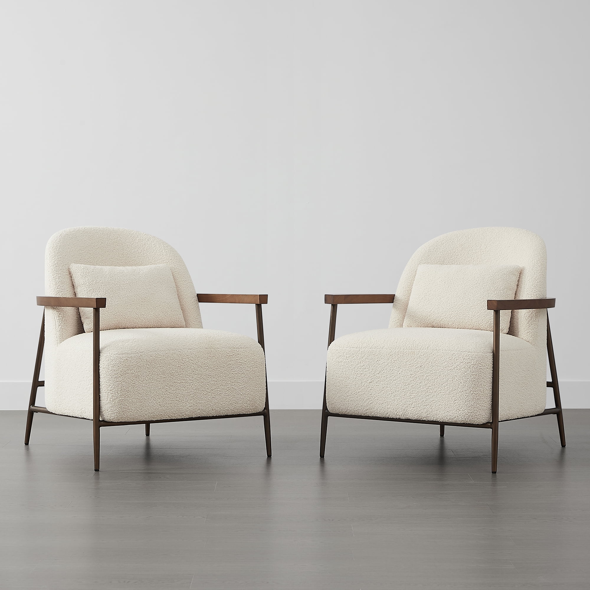 Spruce & Spring Modern Upholstered Faux Sherpa Accent Chair with Wood Arms and Metal Legs, Set of 2, Ivory