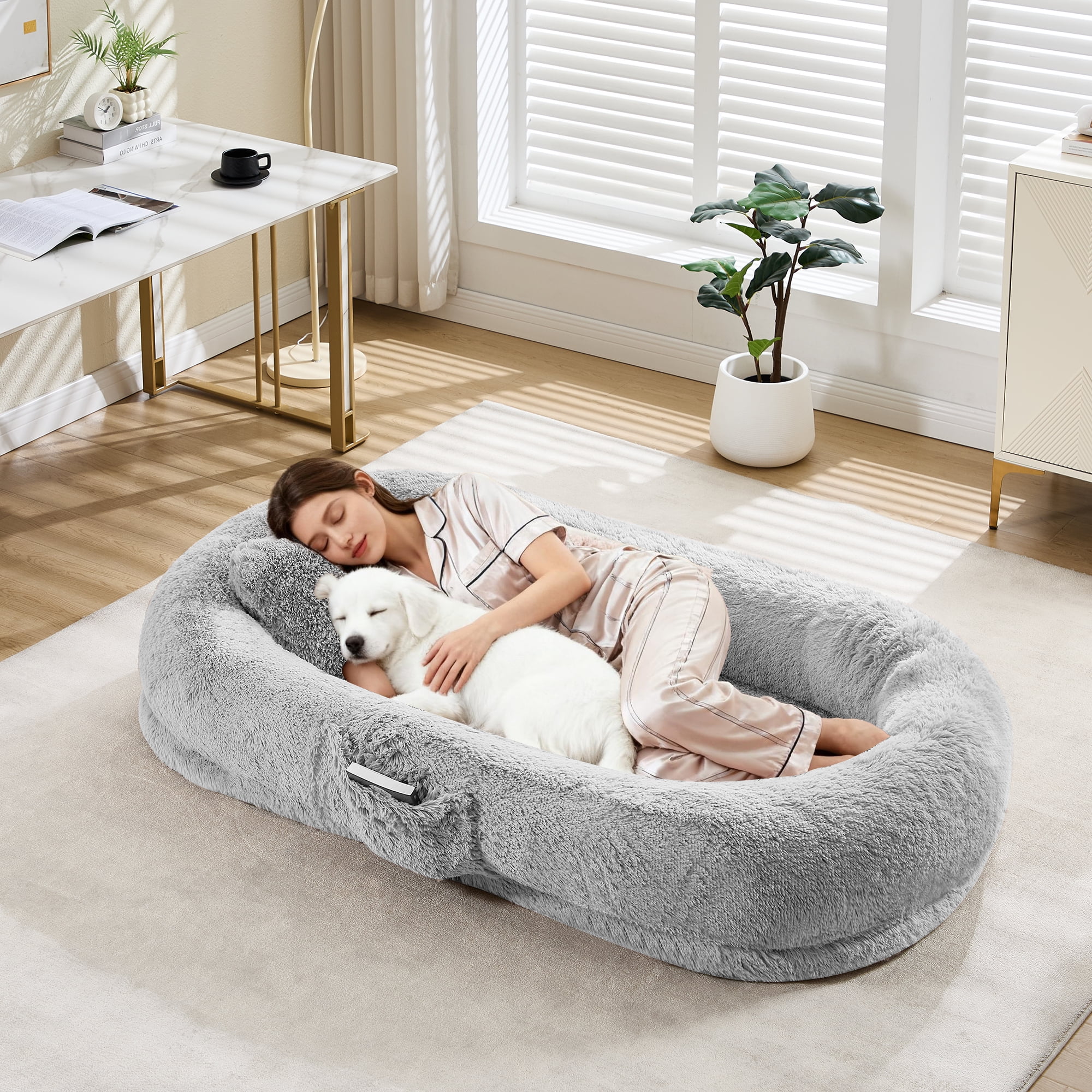 Human Size Dog Bed for People and Pets, 67×43×8 inch Orthopedic Foam Lounger with Removable Washable Faux Fur Cover, Raised Bolster, Side Pocket and Portable Strap, No Assembly Required, Cozy Floor B