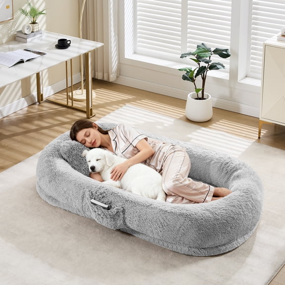 Soonbuy Giant Human & Pet Dog Bed, Washable Faux Fur Orthopedic Bed with Plump Pillow, Side Pocket & Strap, No Assembly Needed