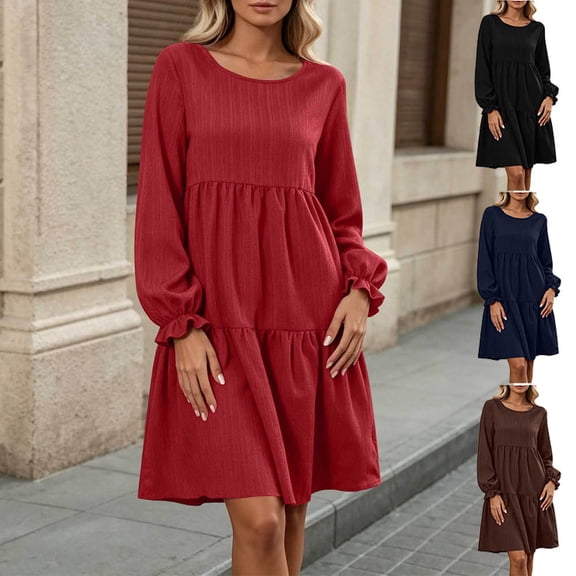 Otvok Tiered Swing Mini Dress, Winter Women Round Neck Long Bubble Sleeve Dress, Ruffle Cuff Textured Loose Casual Outfit