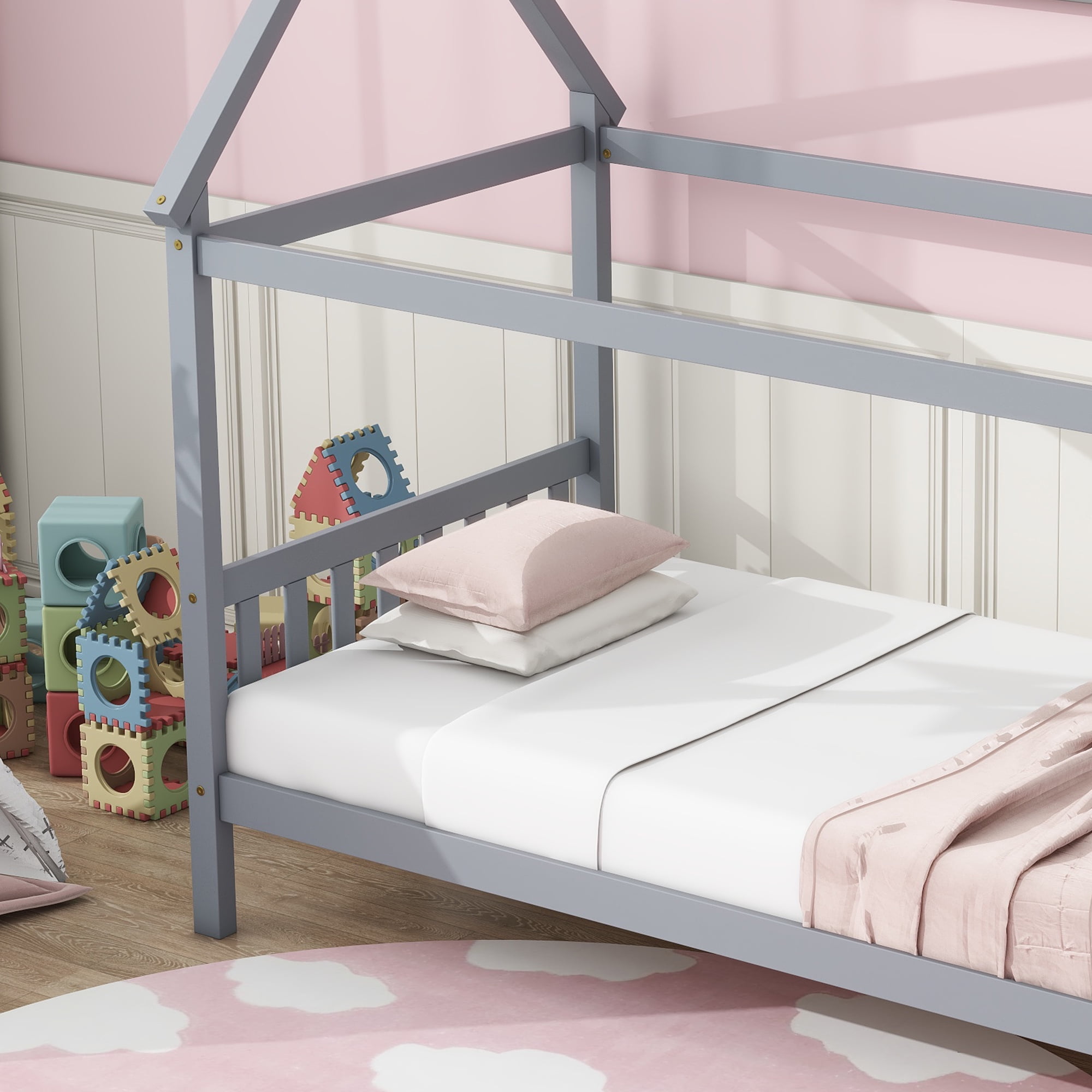 Miniyam Wood Twin Size Bed with House-shaped Design for Kids and Teens, Gray