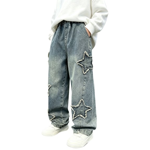 YunPes Boys Trendy Baggy Denim Pants Frayed Star Patch Wide Leg Jeans Vintage Y2K Casual Trousers Teen Harajuku Grunge Jeans
