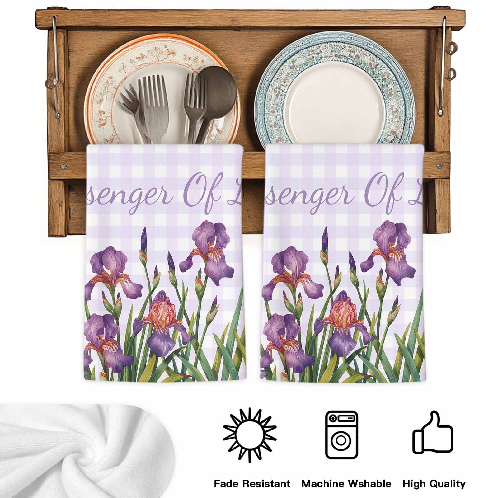 Dish Towels, Iris Flowers Absorbent Kitchen Towels 2 PCS, Floral Purple Buffalo Plaid Microfiber Hand Towels Dish Cloths Tea Towels for Home&nbsp;Bathroom Cleaning Drying,18X28-Inch,