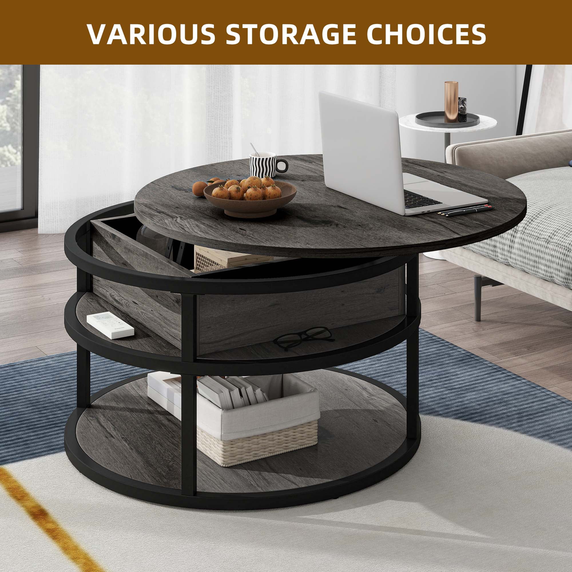 Uforic 3-Tier Lift Top Round Coffee Table with Hidden Storage, Gray