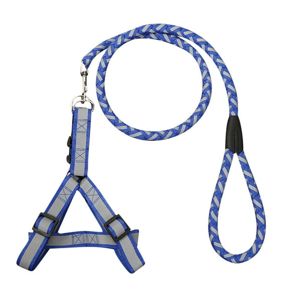 AUHomi Adjustable Reflective Dog Harness Leash Set, Escape Proof Pet Harnesses, Braided Traction Round Rope, Large Medium Small Dog Chain Harness (Round Rope Blue)