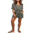 thumbnail image 2 of Combinaison une Pièce d'Été pour Femmes, Décontractée, Manches Courtes, Boutonnée à l'Avant, Nœud à Nouer, Ample, Barboteuse de Plage, 2 of 6