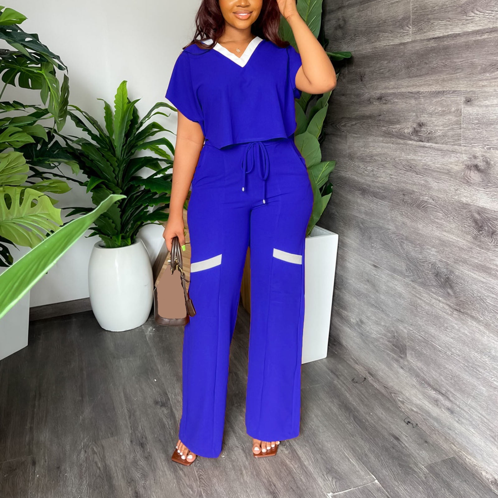 REORIAFEE Women's 2 Piece Outfits Lounge Matching Sets Two Piece Summer  Vacation Sets Cute Summer Outfits Women's Casual Fashion Short Sleeve Top  High Waist Straight Leg Pants Two Piece Set Blue L 