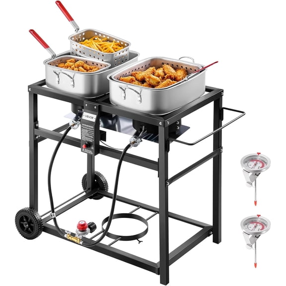 Outdoor Propane Deep Fryer, Dual-Tank 18QTx2 Commercial Fryer, Multi-Purpose Portable Frying Cart with Wheel, 3 Basket, 2 Thermometer, Stainless Steel Cooker for Fish Fry Wings Fries, 40,000 BTU