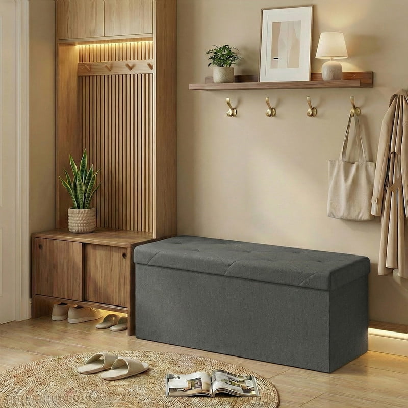 Gianna 43 Inch Folding Ottoman With Storage Bench, Bedside Storage Bench With Linen Top Cover and Cushion, Footrest Suitable for Bedroom, Living Room, Gray