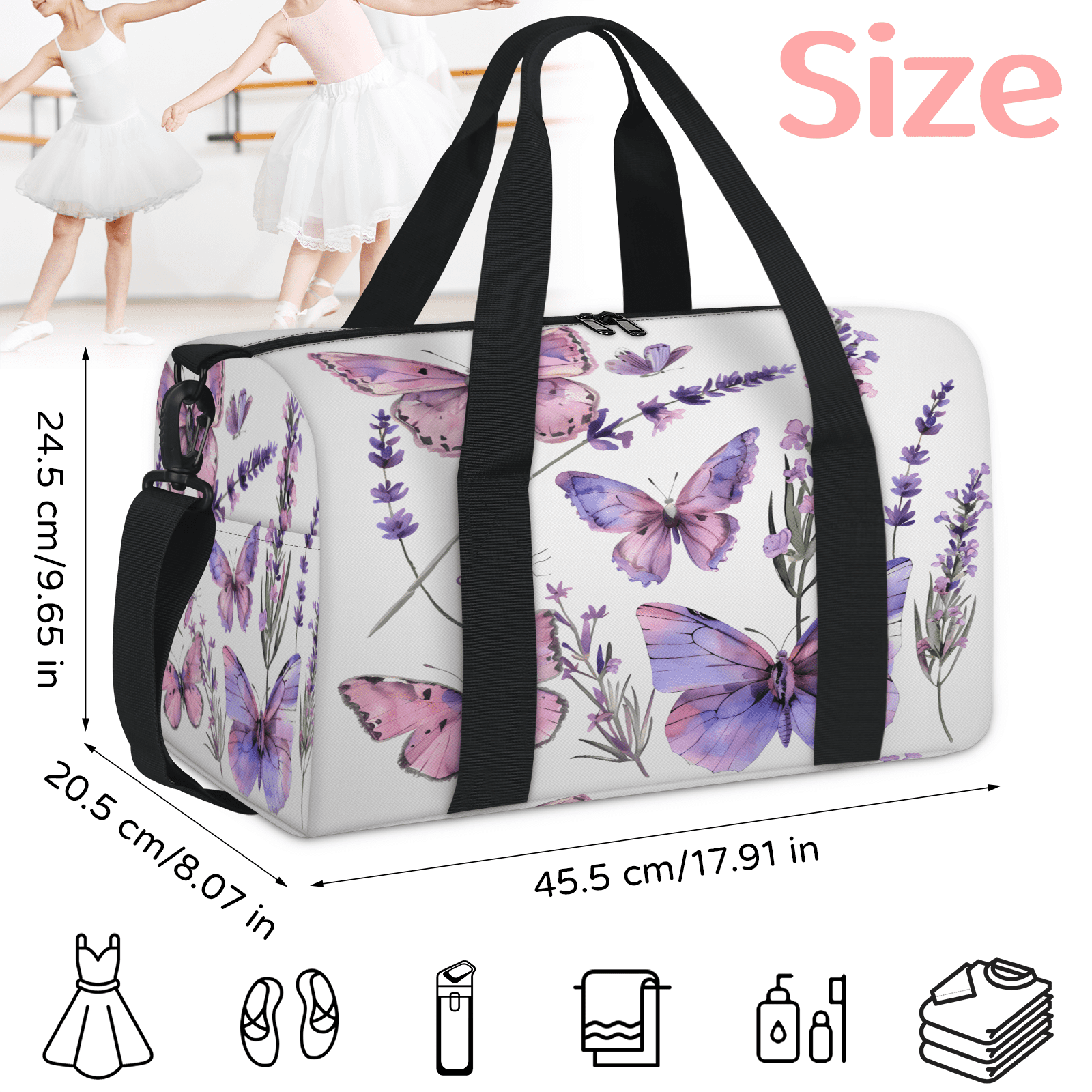 Herdesigns Butterfly Lavender Travel Duffle Bag Sports Yoga Weekender Overnight Carry on Workout Bags Lightweight Waterproof Gym Tote Bag for Women