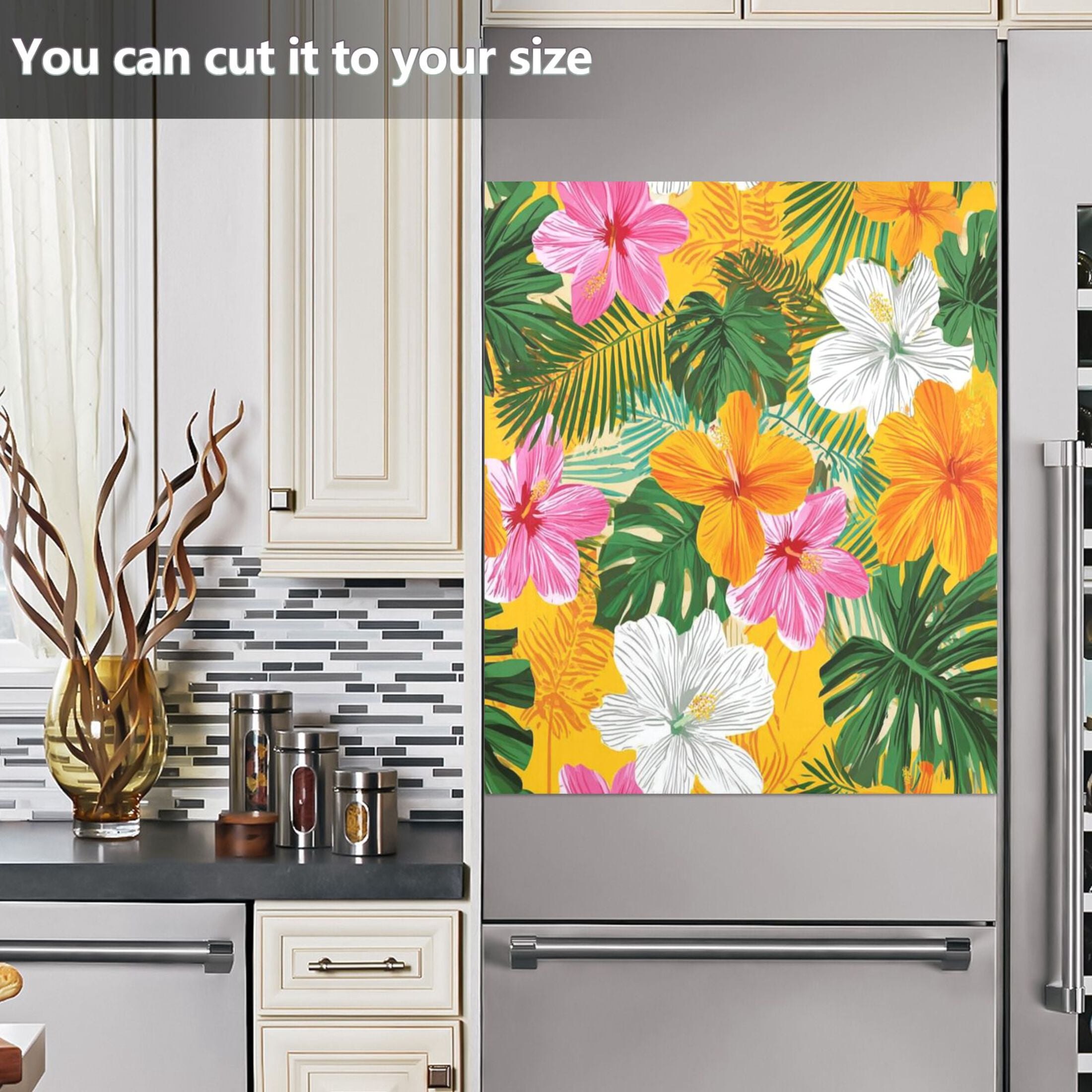 IAUYY Magnetic decorative sticker - 23x26 Inch PVC Refrigerator Decorative Cover, Removable DIY Art for Kitchen Appliances Hibiscus
