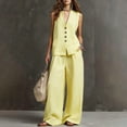 thumbnail image 2 of NMMUED Women's Linen 2 Piece Outfits Summer Vest Suit Sets Wide Leg Pants Business Casual Vacation Work Sets Light Yellow L, 2 of 7