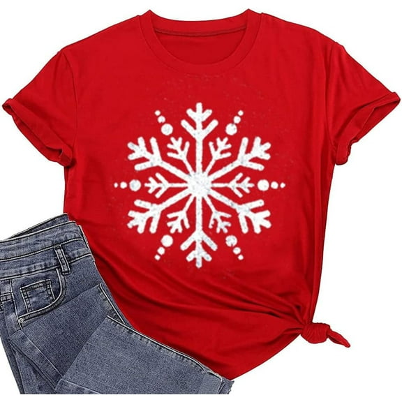 Christmas Shirts for Women Cute Snowflake Graphic Shirts Short Sleeve Funny Print Tee
