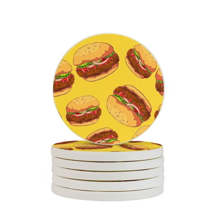 

Circular Drink Coasters Set Tasty Juicy Greasy Hamburger Beautiful Home Decor Diatomite Heat-Resistant Diatomite Protect Table Countertop